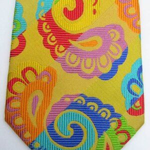 Stunning Lawrence Ivey Hand Sewn Yellow With Huge Colorful Paisley Long Silk Tie